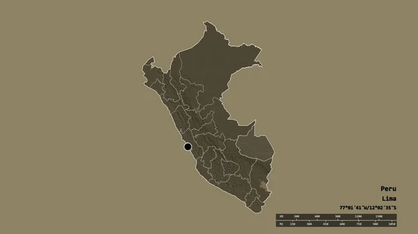 Desaturated Shape Peru Its Capital Main Regional Division Separated Madre — Stock Photo, Image