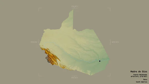 秘鲁Madre Dios地区 在一个地理参照框的坚实背景上被隔离 地形浮雕图 3D渲染 — 图库照片