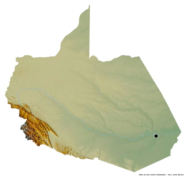 ペルーの地域であるマドレ ディオスの形で 首都は白い背景に孤立しています 地形図 3Dレンダリング — ストック写真