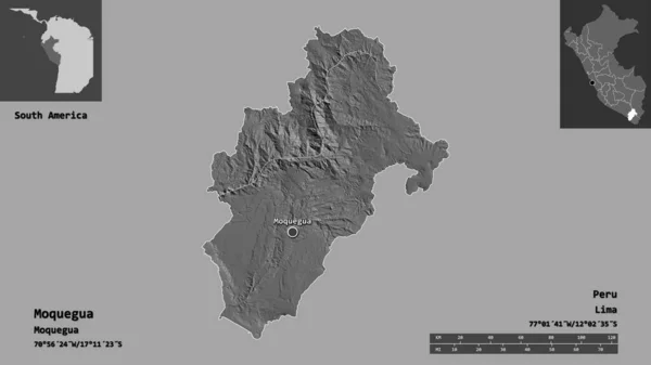 モケグアの形状 ペルーの地域 およびその首都 距離スケール プレビューおよびラベル 標高マップ 3Dレンダリング — ストック写真