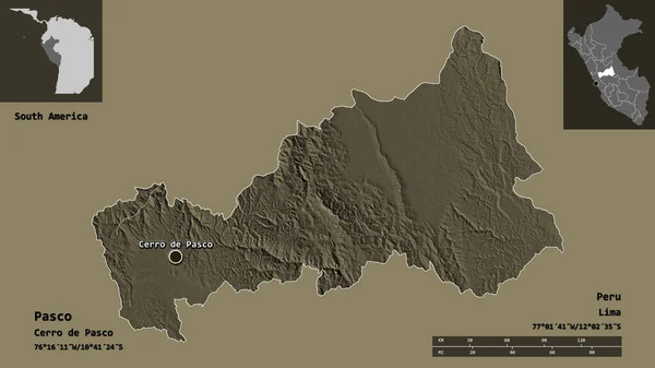 秘鲁帕斯科地区的形状及其首都 距离刻度 预览和标签 彩色高程图 3D渲染 — 图库照片