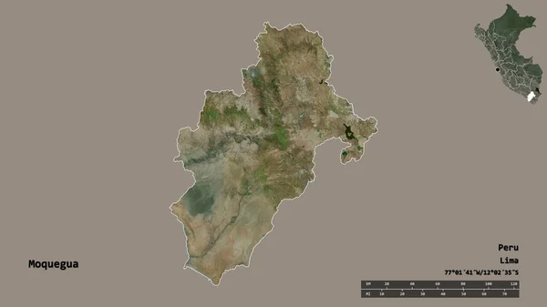ペルーの地域であるモケグアの形で その首都はしっかりとした背景に隔離されています 距離スケール リージョンプレビュー およびラベル 衛星画像 3Dレンダリング — ストック写真