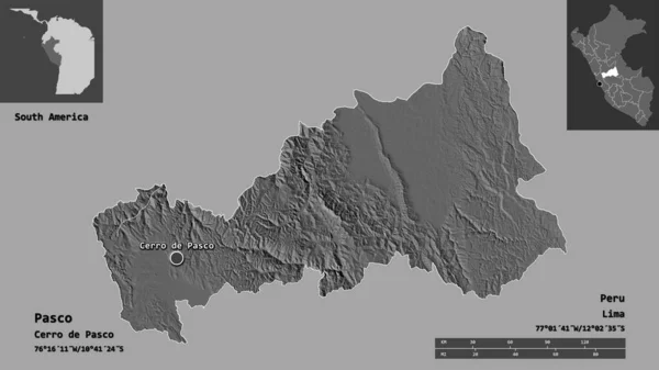 秘鲁帕斯科地区的形状及其首都 距离刻度 预览和标签 Bilevel高程图 3D渲染 — 图库照片