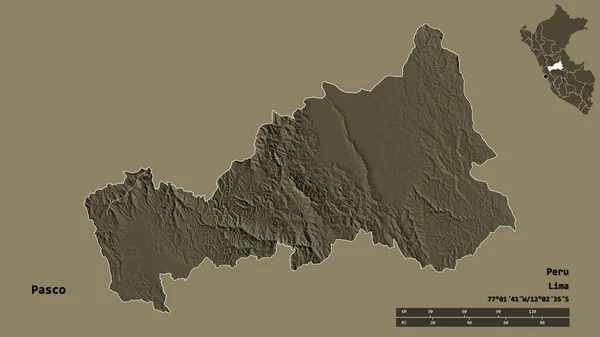 秘鲁帕斯科地区的形状 其首都在坚实的背景下与世隔绝 距离尺度 区域预览和标签 彩色高程图 3D渲染 — 图库照片