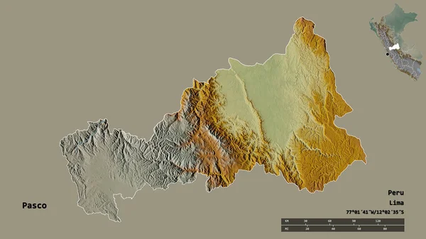 ペルーの領域であるパスコの形で その首都はしっかりとした背景に隔離されています 距離スケール リージョンプレビュー およびラベル 地形図 3Dレンダリング — ストック写真