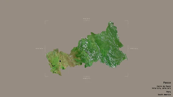 ペルーの地域であるパスコの地域は 洗練された境界の箱の中の強固な背景に隔離されています ラベル 衛星画像 3Dレンダリング — ストック写真