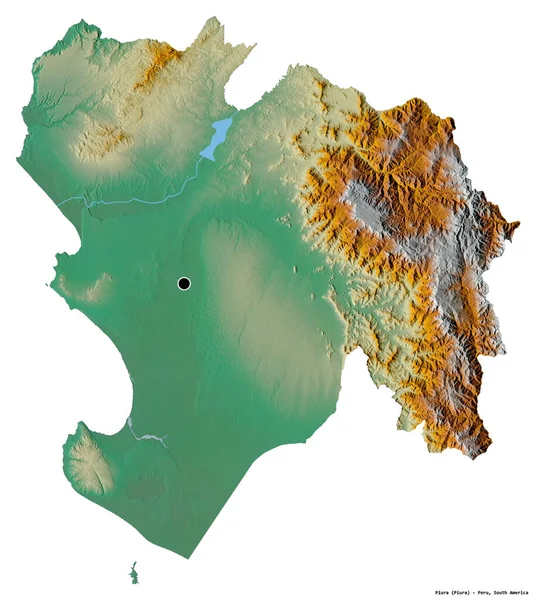 ペルーの地域であるピウラの形状で その首都は白い背景に隔離されています 地形図 3Dレンダリング — ストック写真