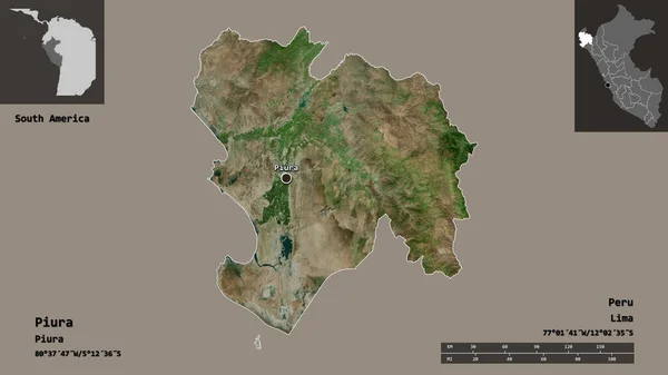 ピウラの形状 ペルーの地域 およびその首都 距離スケール プレビューおよびラベル 衛星画像 3Dレンダリング — ストック写真