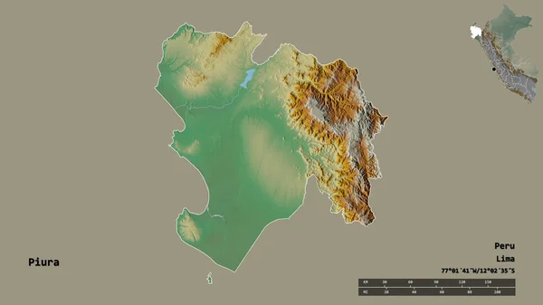 秘鲁皮乌拉地区的形状 其首都在坚实的背景下与世隔绝 距离尺度 区域预览和标签 地形浮雕图 3D渲染 — 图库照片