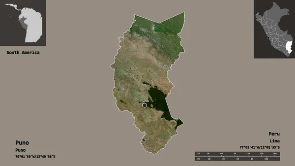 秘鲁普诺地区的形状及其首都 距离刻度 预览和标签 卫星图像 3D渲染 — 图库照片