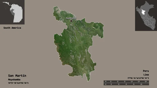 サンマーティン ペルーの地域 およびその首都の形状 距離スケール プレビューおよびラベル 衛星画像 3Dレンダリング — ストック写真