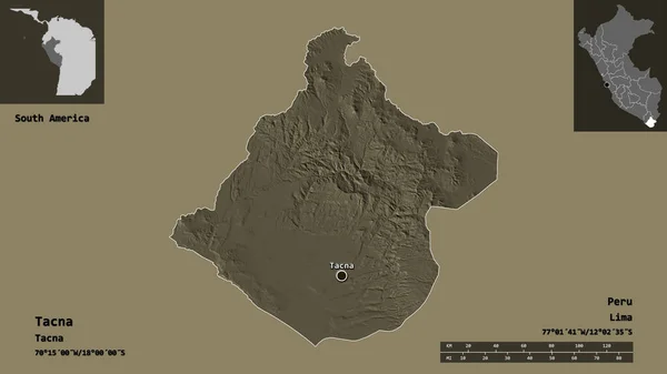 タクナの形状 ペルーの地域 およびその首都 距離スケール プレビューおよびラベル 色の標高マップ 3Dレンダリング — ストック写真