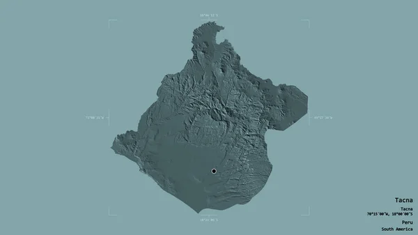 ペルーの地域であるタクナの地域は 洗練された境界ボックス内の強固な背景に隔離されています ラベル 色の標高マップ 3Dレンダリング — ストック写真