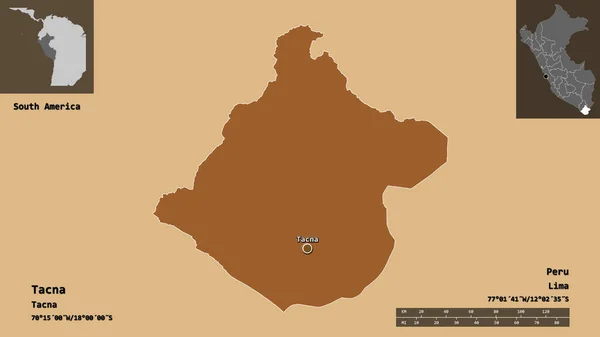 タクナの形状 ペルーの地域 およびその首都 距離スケール プレビューおよびラベル 規則的にパターン化されたテクスチャの構成 3Dレンダリング — ストック写真