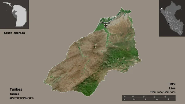 秘鲁地区的Tumbes形状及其首都 距离刻度 预览和标签 卫星图像 3D渲染 — 图库照片