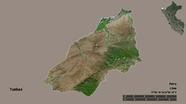 秘鲁地区的Tumbes形状 其首都在坚实的背景下与世隔绝 距离尺度 区域预览和标签 卫星图像 3D渲染 — 图库照片