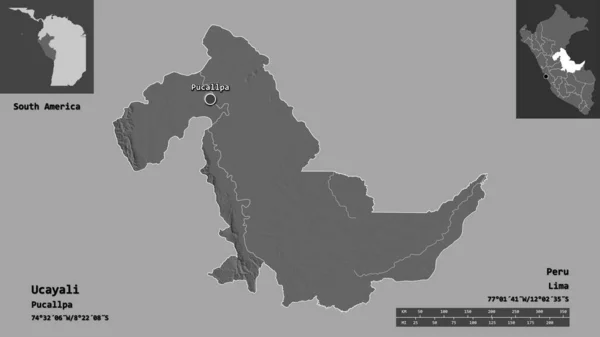 Form Ucayali Regionen Peru Och Dess Huvudstad Avståndsskala Förhandsvisningar Och — Stockfoto