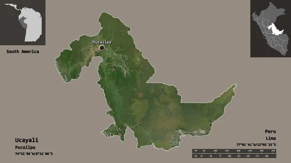 Form Von Ucayali Region Von Peru Und Seiner Hauptstadt Entfernungsskala — Stockfoto