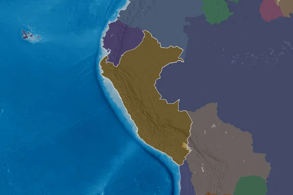 Área Extendida Del Perú Delineado Mapa Elevación Color Renderizado — Foto de Stock