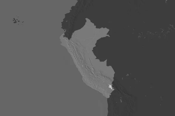 Kształt Peru Oddzielony Desaturacją Sąsiednich Obszarów Dwupoziomowa Mapa Wysokości Renderowanie — Zdjęcie stockowe