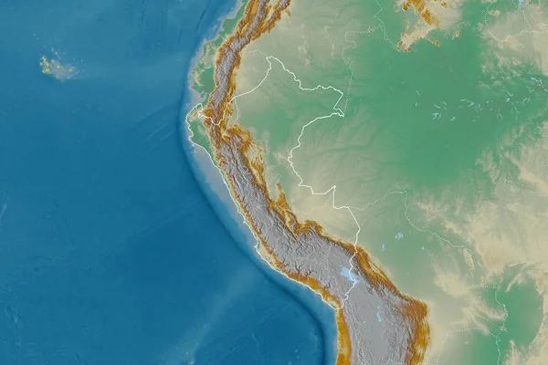 Розширена Територія Перу Обрисами Країни Міжнародними Регіональними Кордонами Карта Рельєфу — стокове фото