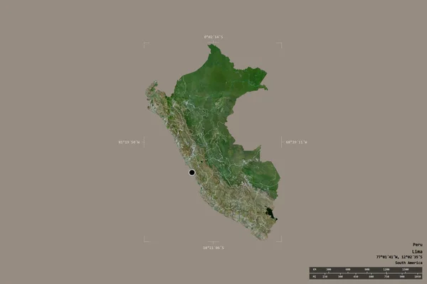 ペルーの地域は 洗練された境界の箱の中の強固な背景に隔離されました 主な地域部門 距離スケール ラベル 衛星画像 3Dレンダリング — ストック写真