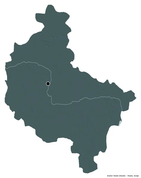 大波兰的形状 波兰的省 其首都因白人背景而孤立 彩色高程图 3D渲染 — 图库照片