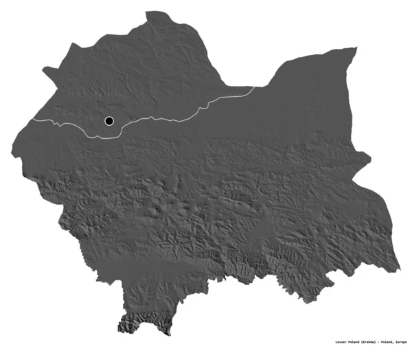 Kształt Małopolski Województwo Polskie Stolicą Odizolowaną Białym Tle Dwupoziomowa Mapa — Zdjęcie stockowe