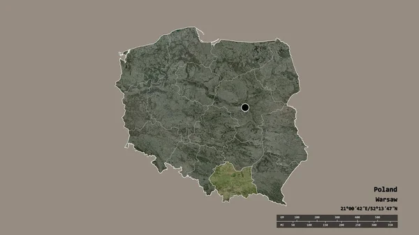 主要な地域部門 分離された小ポーランド地域を持つポーランドの荒廃した形 ラベル 衛星画像 3Dレンダリング — ストック写真