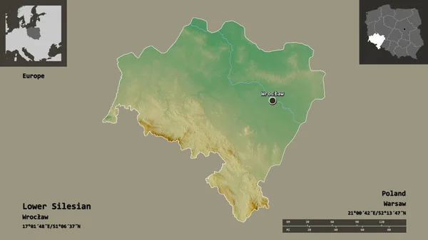下西里西亚的形状 波兰的省 及其首都 距离刻度 预览和标签 地形浮雕图 3D渲染 — 图库照片