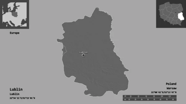 卢布林的形状 波兰的省 及其首都 距离刻度 预览和标签 Bilevel高程图 3D渲染 — 图库照片