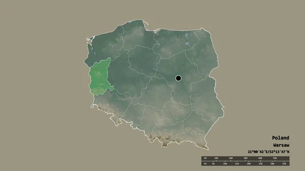 波兰以首都 主要区域分部和分离的卢布兹地区为首都的专制形态 地形浮雕图 3D渲染 — 图库照片