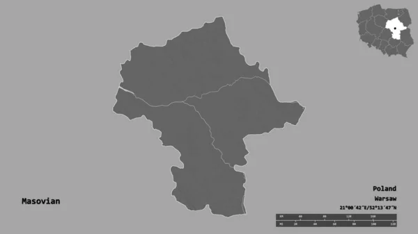 马索维安的形状 波兰的省 其首都在坚实的背景上孤立 距离尺度 区域预览和标签 Bilevel高程图 3D渲染 — 图库照片