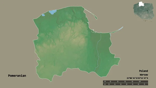 Форма Померанського Воєводства Польщі Столицею Ізольованою Твердому Тлі Масштаб Відстаней — стокове фото
