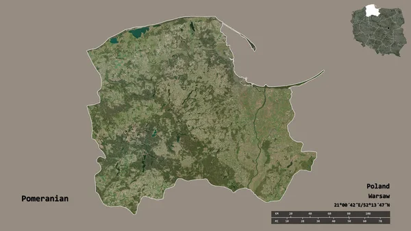 波美拉尼亚的形状 波兰的省 其首都在坚实的背景上孤立 距离尺度 区域预览和标签 卫星图像 3D渲染 — 图库照片