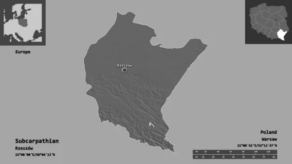 サブカルパティアの形 ポーランドの航海 そして その首都 距離スケール プレビューおよびラベル 標高マップ 3Dレンダリング — ストック写真