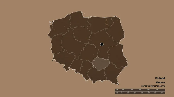 波兰以首都 主要区域分部和分离的Swetokrzyskie地区为首都的退化形态 彩色高程图 3D渲染 — 图库照片