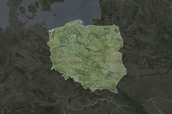 Kształt Polski Oddzielony Desaturacją Sąsiednich Obszarów Granice Zdjęcia Satelitarne Renderowanie — Zdjęcie stockowe