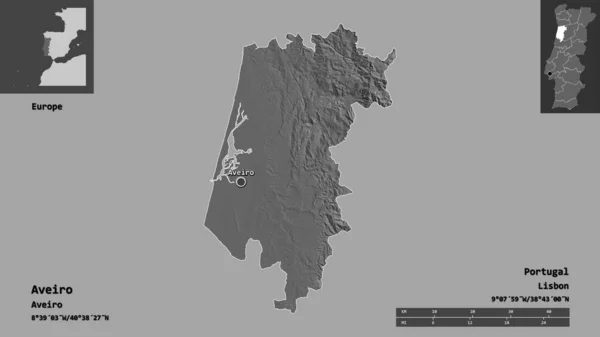 葡萄牙阿韦罗区及其首府的形状 距离刻度 预览和标签 Bilevel高程图 3D渲染 — 图库照片