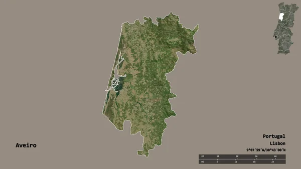葡萄牙阿韦罗区的形状 其首都在坚实的背景下与世隔绝 距离尺度 区域预览和标签 卫星图像 3D渲染 — 图库照片