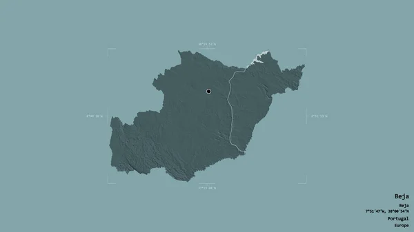 ポルトガルの地区 ベハ地区は 洗練された境界線の箱の中にしっかりとした背景に隔離されています ラベル 色の標高マップ 3Dレンダリング — ストック写真