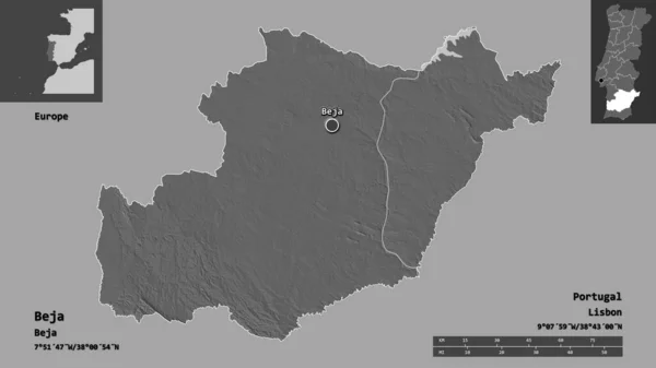 葡萄牙贝贾地区的形状及其首府 距离刻度 预览和标签 Bilevel高程图 3D渲染 — 图库照片
