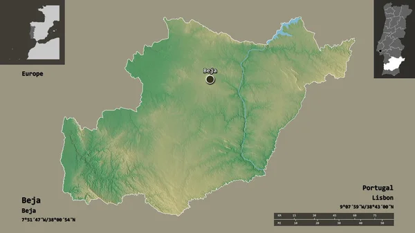 葡萄牙贝贾地区的形状及其首府 距离刻度 预览和标签 地形浮雕图 3D渲染 — 图库照片