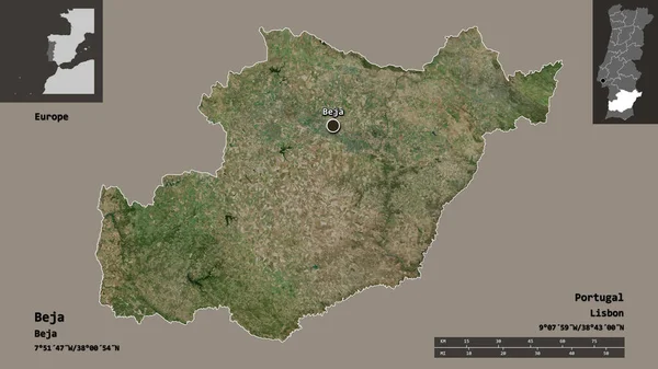 ベハの形 ポルトガルの地区 およびその首都 距離スケール プレビューおよびラベル 衛星画像 3Dレンダリング — ストック写真