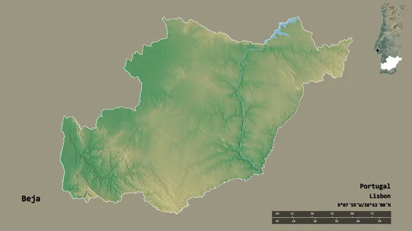 葡萄牙贝贾地区的形状 其首都在坚实的背景下与世隔绝 距离尺度 区域预览和标签 地形浮雕图 3D渲染 — 图库照片