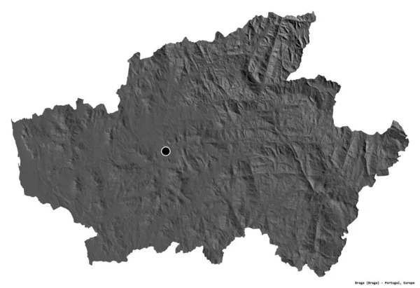 葡萄牙布拉加地区的形状 首都被白色背景隔离 Bilevel高程图 3D渲染 — 图库照片