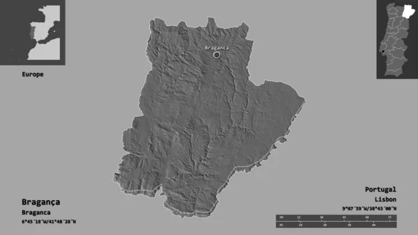 葡萄牙布拉干卡区的形状及其首都 距离刻度 预览和标签 Bilevel高程图 3D渲染 — 图库照片