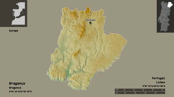 ブラガンカの形 ポルトガルの地区 その首都 距離スケール プレビューおよびラベル 地形図 3Dレンダリング — ストック写真