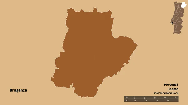 葡萄牙布拉干卡区的形状 其首都在坚实的背景下与世隔绝 距离尺度 区域预览和标签 有规律的纹理的组成 3D渲染 — 图库照片