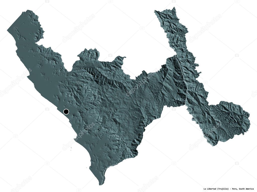 Shape of La Libertad, region of Peru, with its capital isolated on white background. Colored elevation map. 3D rendering